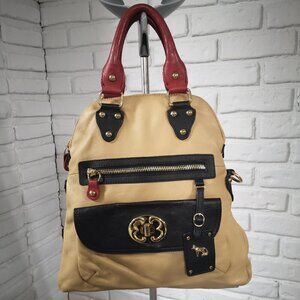 Emma Fox Fold Over Tan & Black w/ Red Handles Genuine Leather Lined Handbag